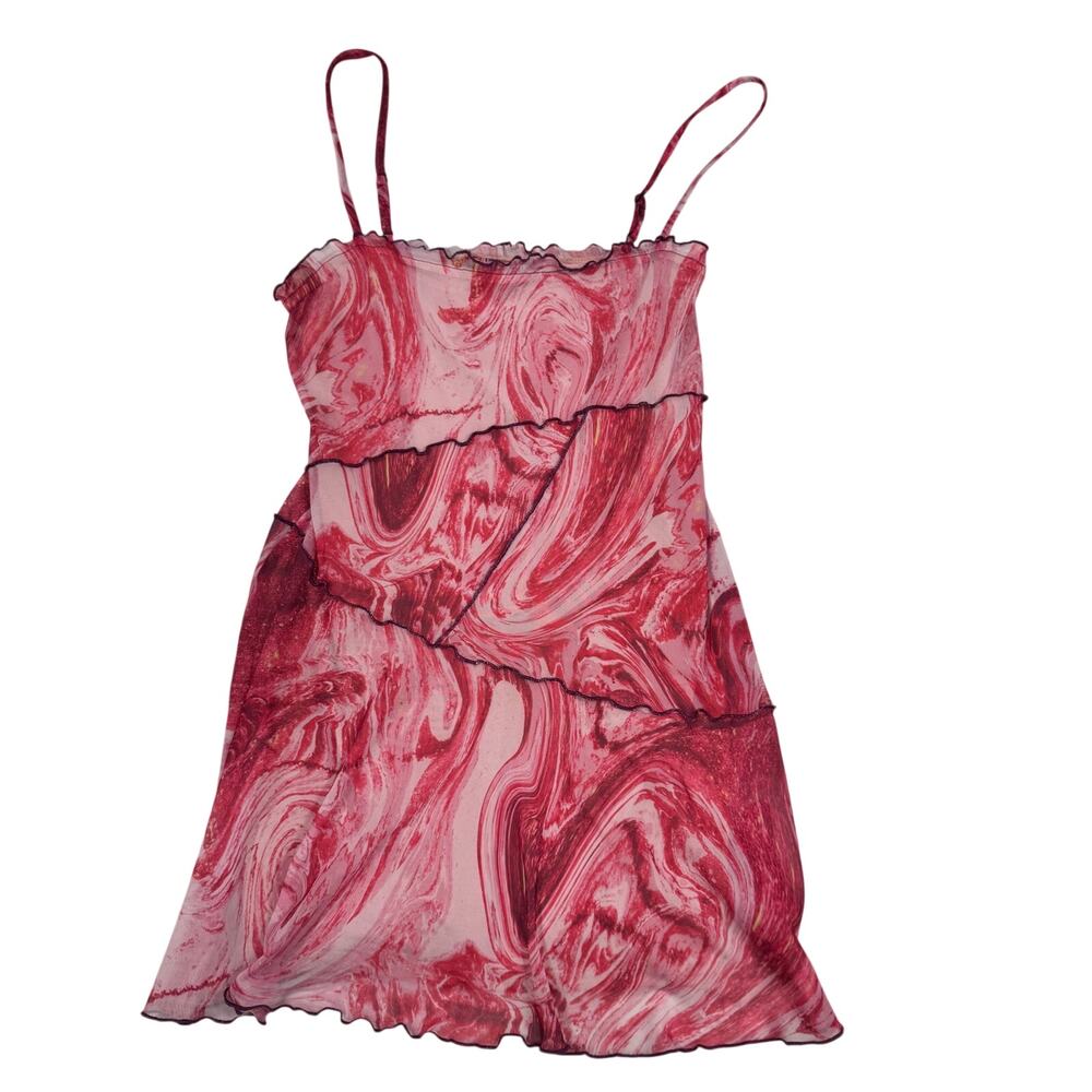 Y2K Barbiecore Mesh Mini Dress Pink Sheer Slip Ruffle Festival Coquette Small - Picture 2 of 16